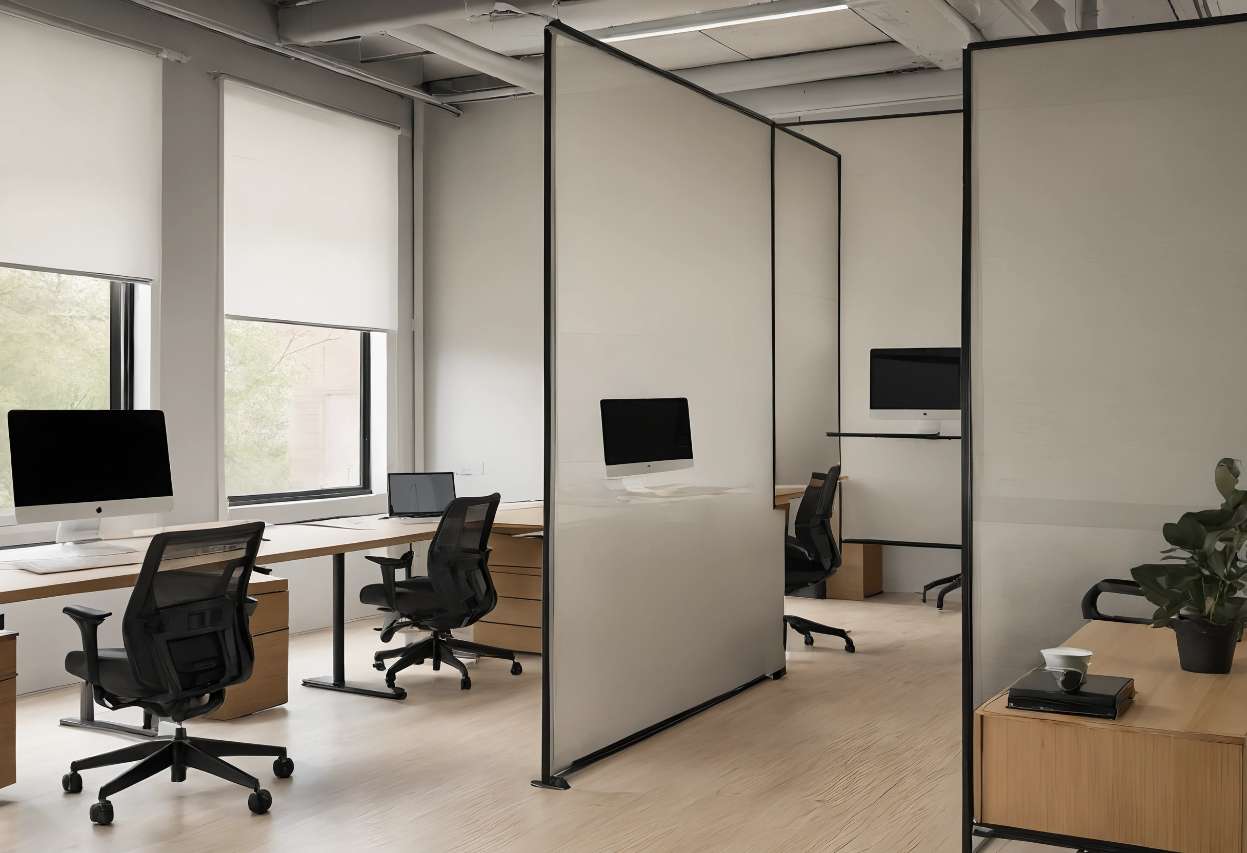 Open office with desks, monitors, task chairs and fabric acoustic dividers on black frames