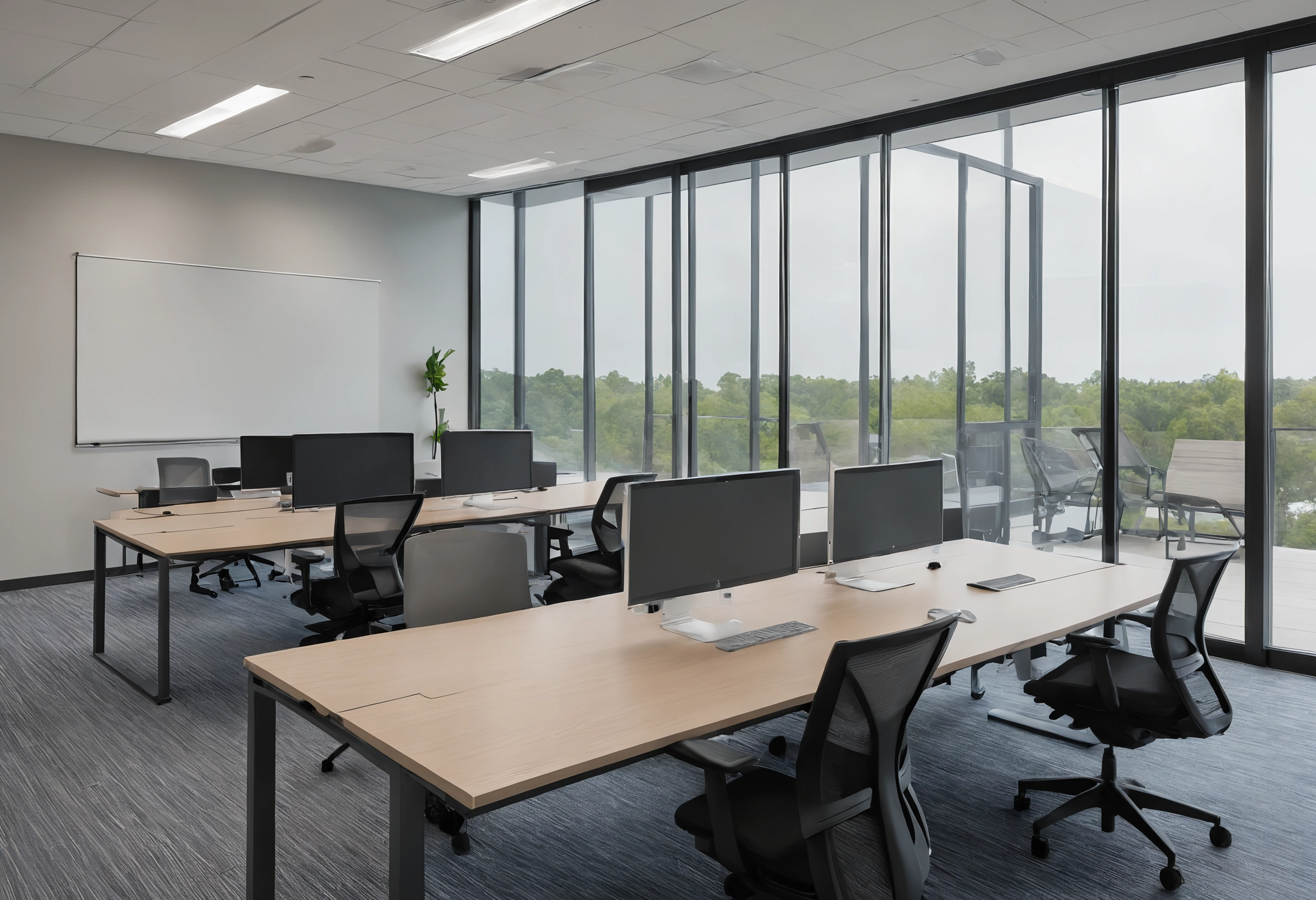 Shared office with bench desks, monitors and mesh task chairs beside floor-to-ceiling windows