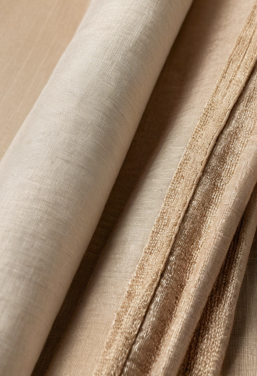 Stack of finished contract curtains with heading tape and pleat stitching, beside a sheer panel