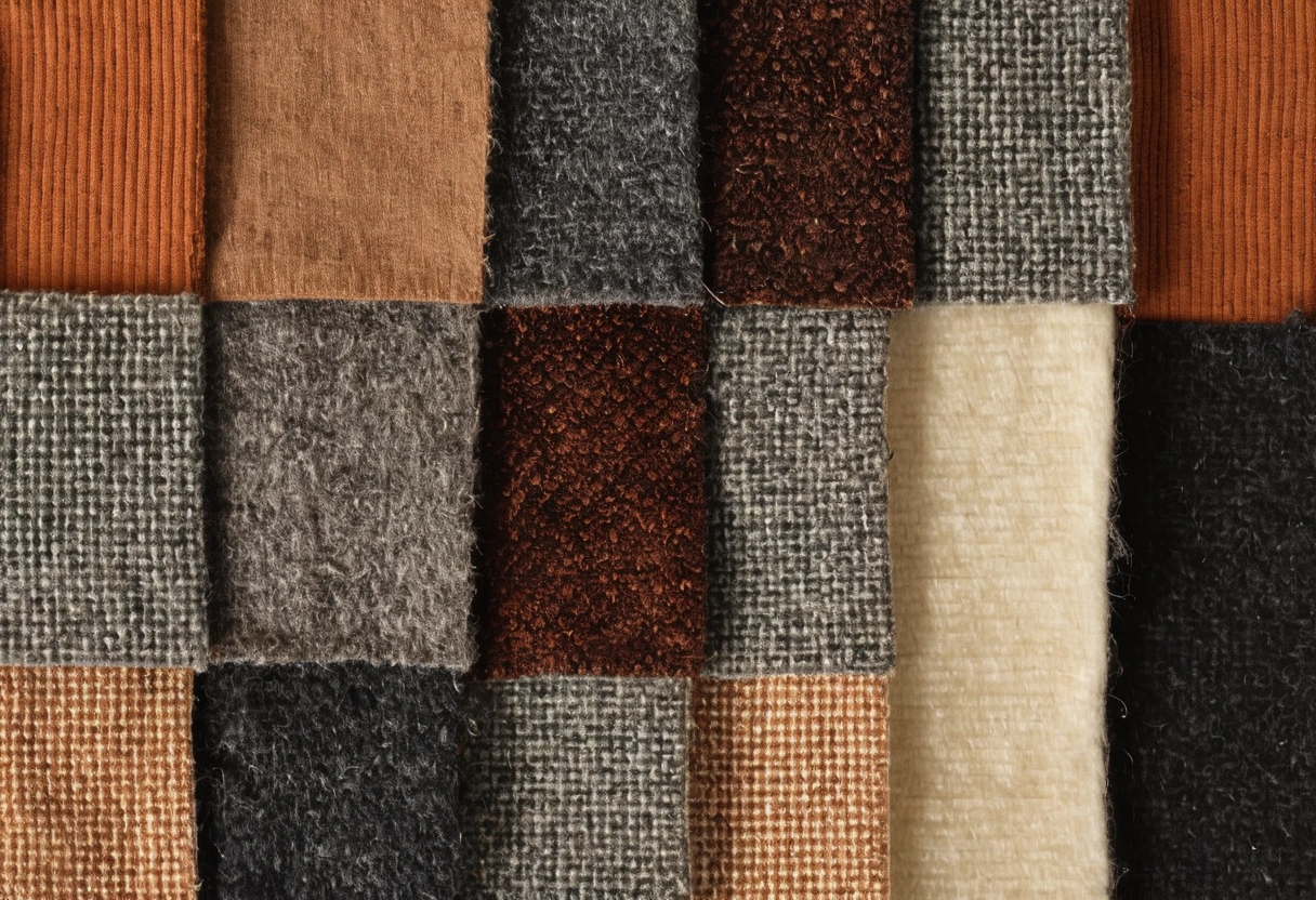 Grid of upholstery fabric swatches including mohair velvet, chenille, jacquard and plain weave wool