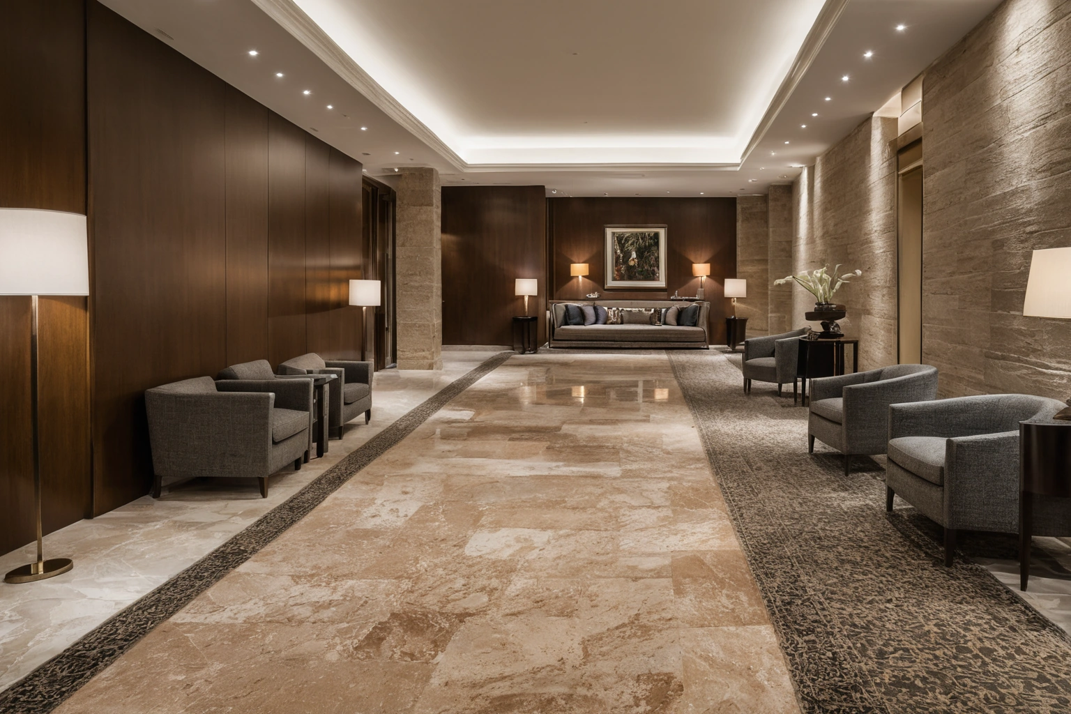 Hotel lobby interior with a hand-tufted wool area rug inside a border of darker broadloom carpet