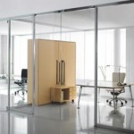 Work spaces divided by glass wall partitions